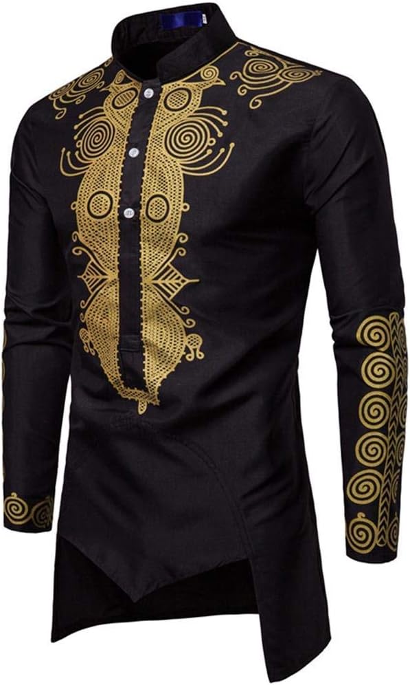 Mens Dashiki African Tribal Clothing Printed Long Henley Shirt Traditional Ethnic Slim Fit Outfit Plus Size