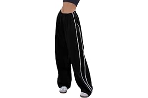 Aedceal Women's Parachute Pants Baggy Track Y2K Black Elastic Waist Wide Leg Trousers