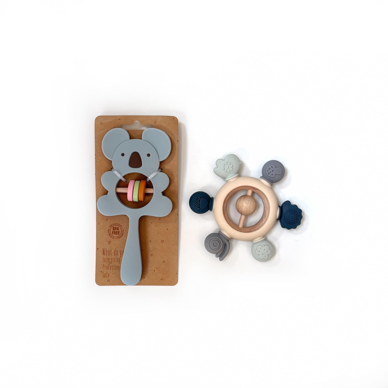 Little Lemons 2pcs Silicone Teething Toys for Baby - Blue Koala Rattle Teether and Blue Forest Wheel Baby Teether with Natural Wood - Baby Teething Toy, Newborn Essentials for Gift