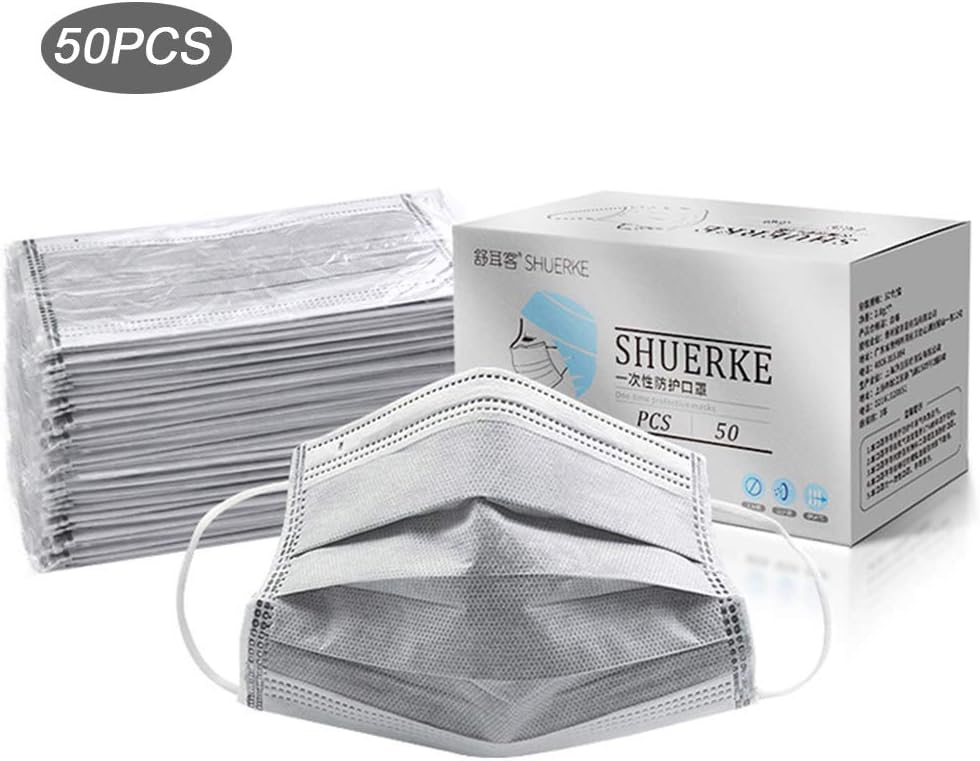 Disposable Face Mask Flu Masks Earloop Mouth Masks Filter Dustproof Anti-Virus PM2.5 Gauze Mask 4 Layer Anti-Haze Mask Face Cover Individual Package, Gray, 50PCS