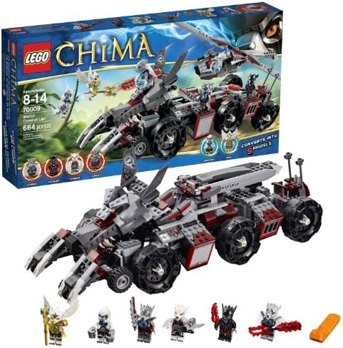 Lego Year 2013 "Legends of Chima" Series Vehicle Set #70009 - WORRIZ' COMBAT LAIR with 5 Detachable Vehicles: Wolf Claw Bikes, Truck, Helicopter, Mobile Prison and Motorcyle Plus 6 Minifigures (Worriz, Wilhurt, Wakz, Windra, Eris and Grizzam) with Weapons (Total Pieces: 664)