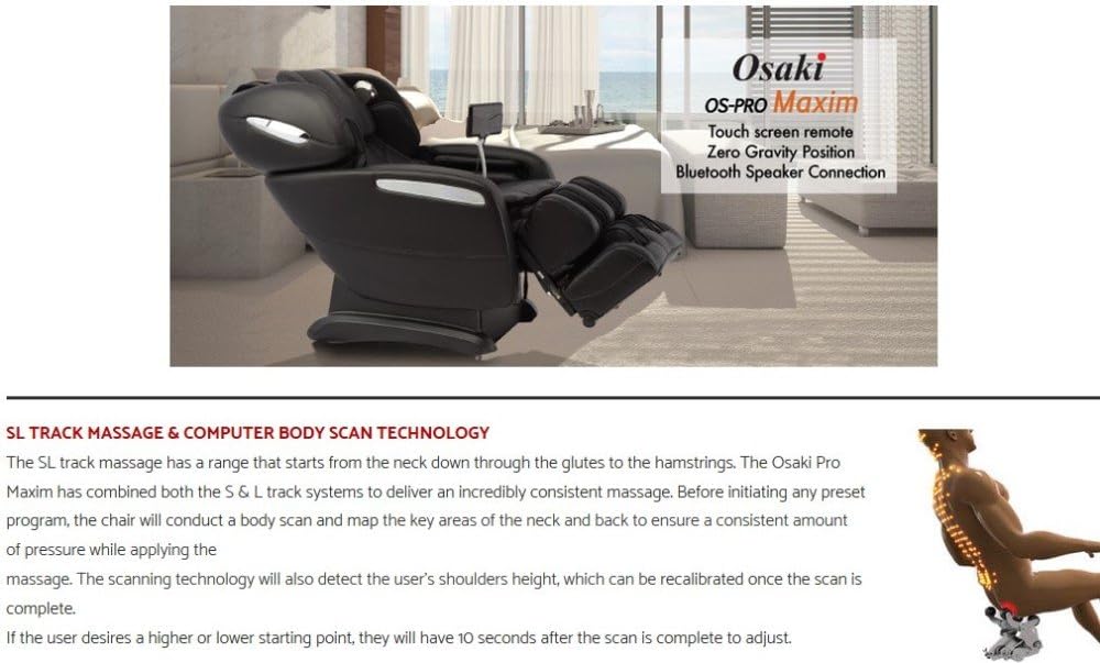 Amazon Com Osaki Pro Maxim A Massage Chair Black Sl Track Roller Design Computer Body Scan Technology 2 Stage Zero Gravity Position Touch Screen Controller Bluetooth Connection For Speaker Health Personal Care