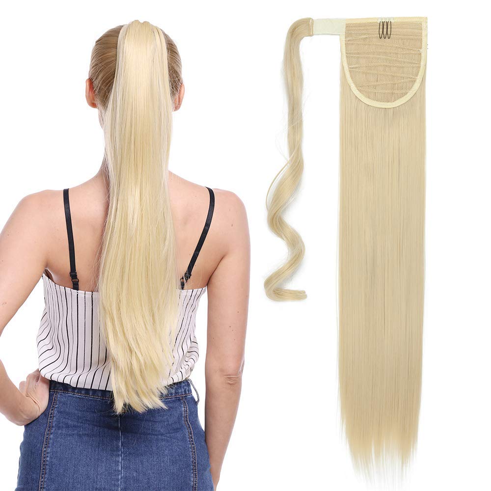 Bleach Blond Ponytail 23inch Hair Extension Wrap Around Ponytails Clip in on Pony Tail Synthetic Straight Hairpiece