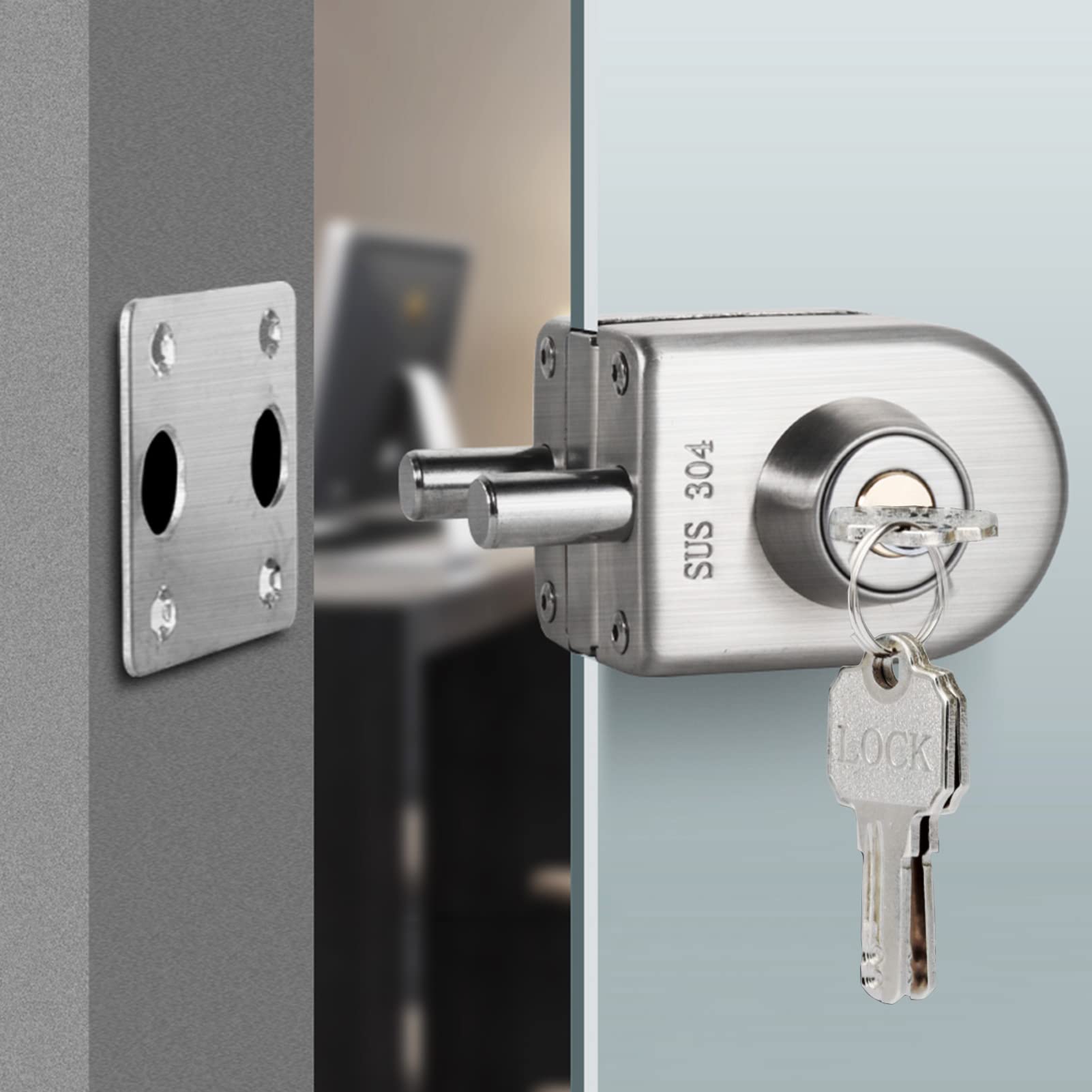 Photo 1 of Fits on 1/2" Glass 0.39" -0.47"Glass Door Lock Stainless Steel Glass Door Lock Floor Latch Lock Bolt Ground Lock for Bathroom Toilet Shop Glass Doors (102-C)