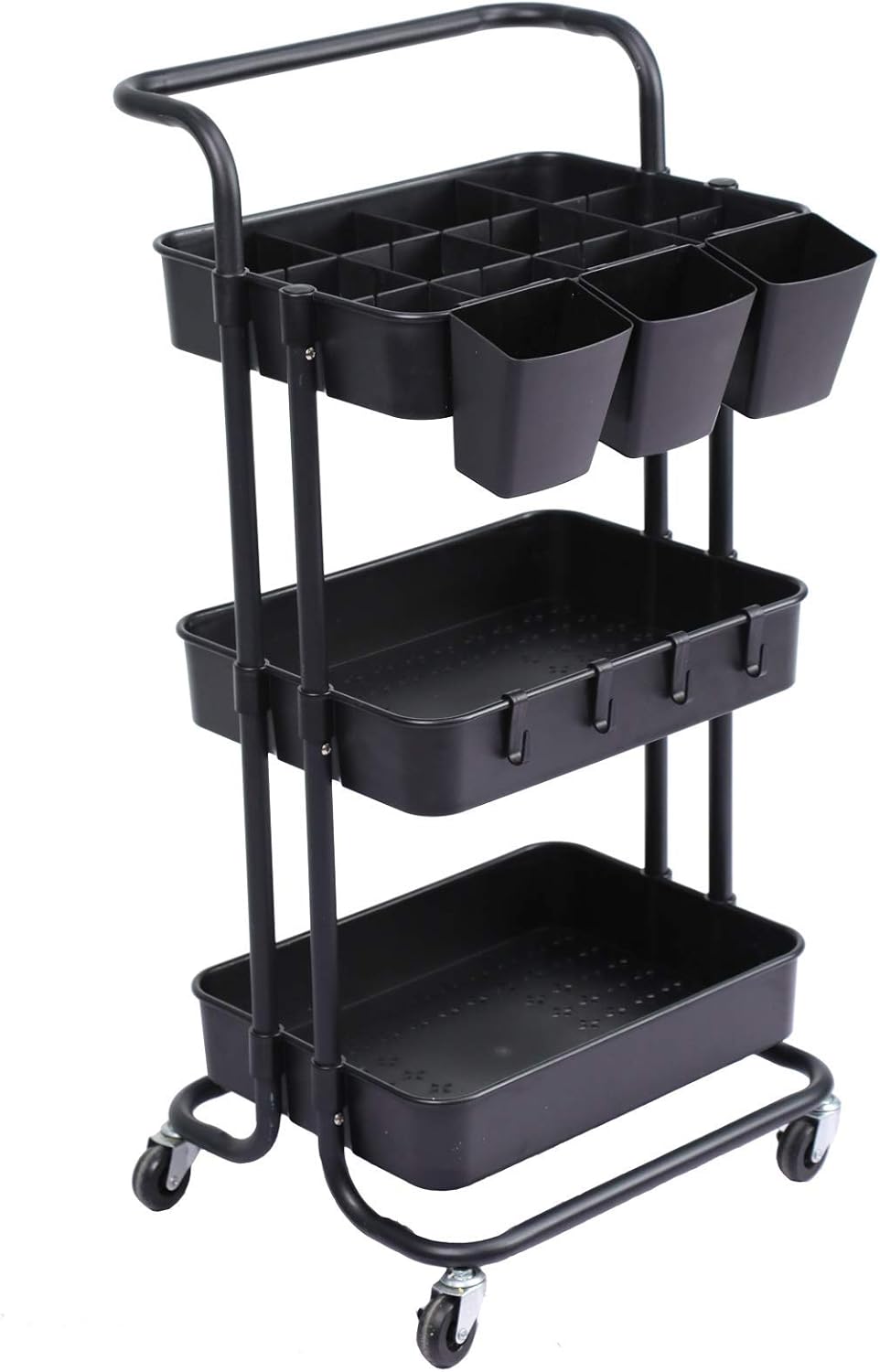 3-Tier Rolling Utility Cart with Hanging Cups & Hooks & Handle Multifunctional Organizer Storage Trolley Service Cart, Craft Cart for Bathroom, Kitchen, Office (Black)
