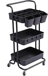 3-Tier Rolling Utility Cart with Hanging Cups & Hooks & Handle Multifunctional Organizer Storage Trolley Service Cart, Craft Cart for Bathroom, Kitchen, Office (Black)