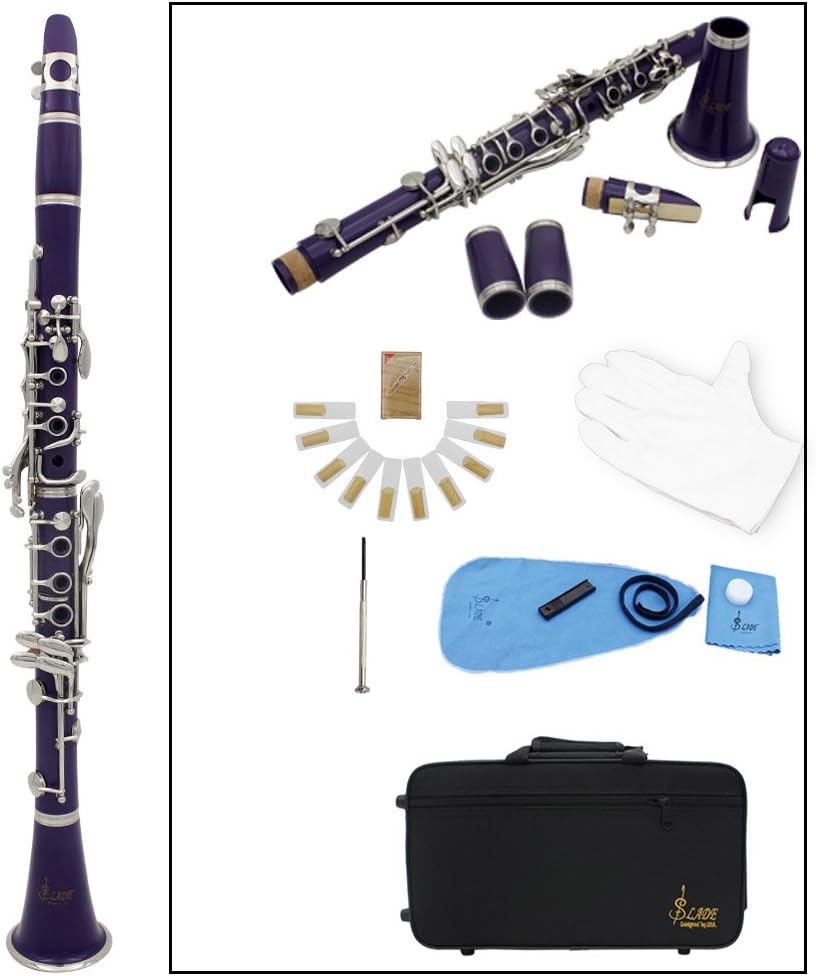 LADE Clarinet ABS 17 Key bB Flat Soprano Binocular Clarinet with Cleaning Cloth Gloves 10 Reeds Screwdriver Reed Case Woodwind Instrument (Purple)
