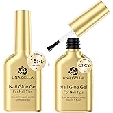 UNA GELLA 6 in 1 Gel Nail Glue for Clear Nail Tips, 2Pcs 15ml U V Nail Glue | Super Strong Long Lasting Brush On for Clear False Nail Tips, X-Soft Gel Nails Lamp Curing Required