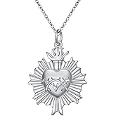 FLYOW S925 Sterling Silver Flaming Sacred Heart Necklace Catholic Faith Charm Pendant Love of God Thorn Jewelry Easter Gifts