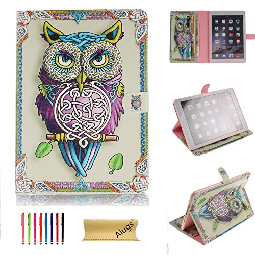 iPad Air 2 Case, Alugs Pattern Slim Fit PU Leather Cute Design Magnetic Folio Flip Stand Wallet Case Cover for iPad Air 2 / iPad 6th Generation(Owl)