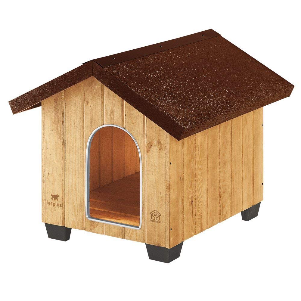 Ferplast DOMUS M FSC Wooden Dog House - Opening Roof with Lock, Waterproof & Anti-UV - Ventilation Grille - Anti-Bite Aluminum Door - Insulating Feet - 121 x 78 xh 78.5 cm