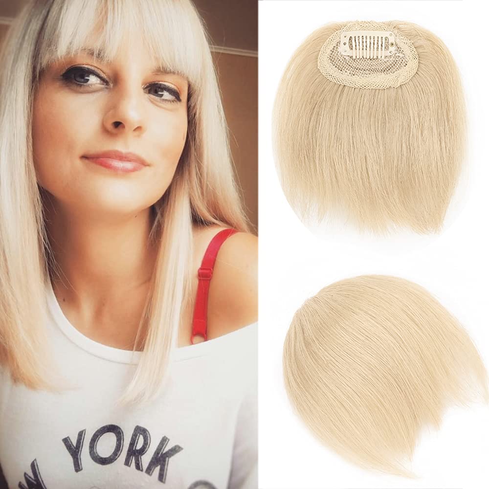 SEGO Clip in Fringe Irregular Bangs 100% Human Hair Extensions [#60 Platinum Blonde] One Piece Real Remy Hairpieces for Women Straight (8.5g)