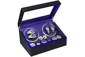 J&T Technology Automatic Watch Winder with 4 Quiet Motor Watch Winding Box+ 6 Flexible Watch Pillows Luxury Fiber Leather Storage Case, Japanese Motor (Black Carbon Fiber Leather)