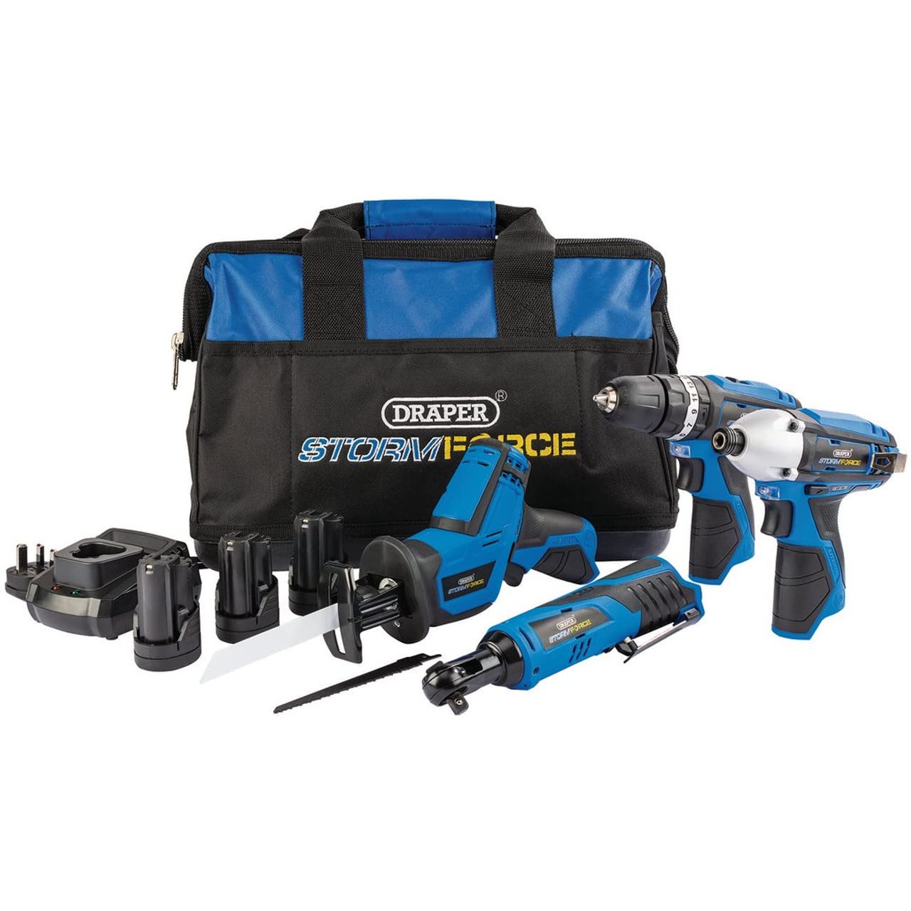 Draper *10.8V4+3 Storm Force Interchange Ultimate Deal Drill Plus 3 Batteries and Bag, 10.8 V, Blue, 4-Piece