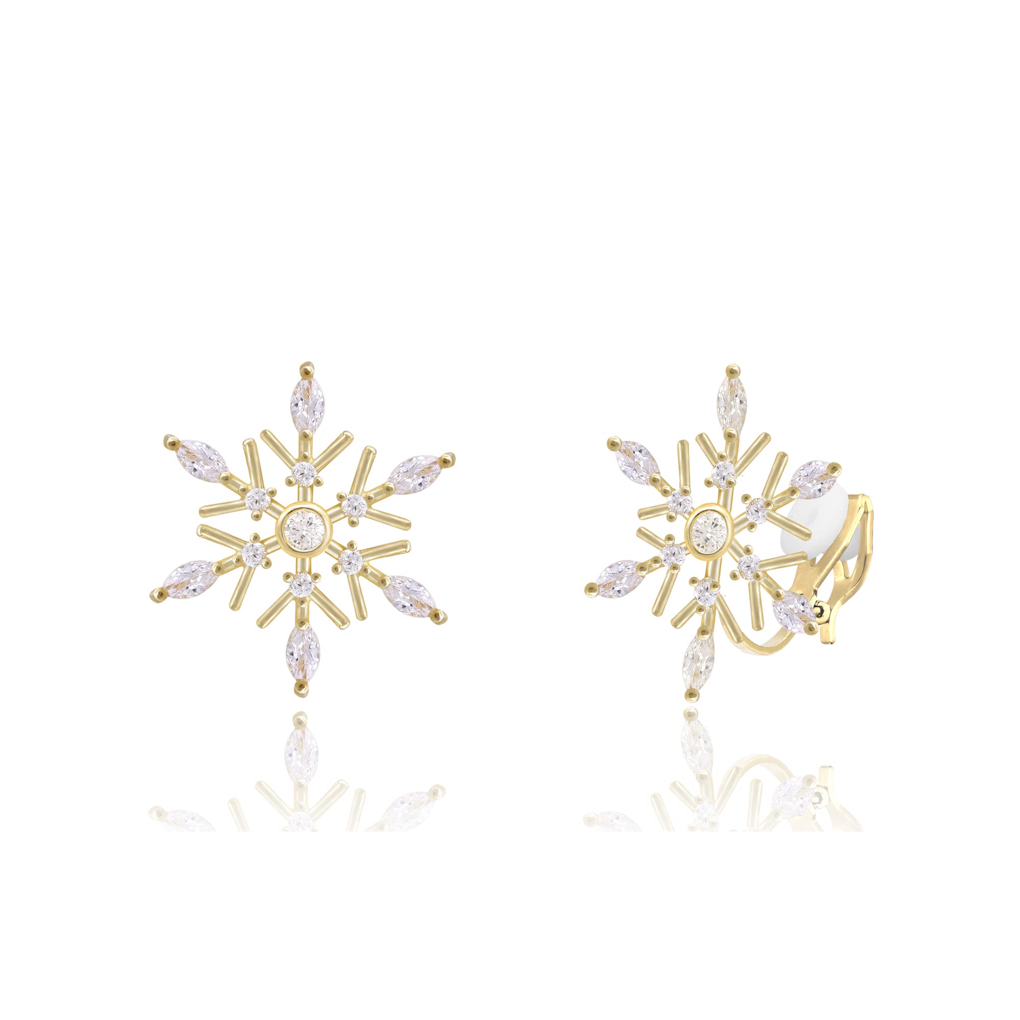 QUKE Snowflake Shape Zirconia Crystal Golden Clip On Earrings Non Pierced Stud for Women Girls