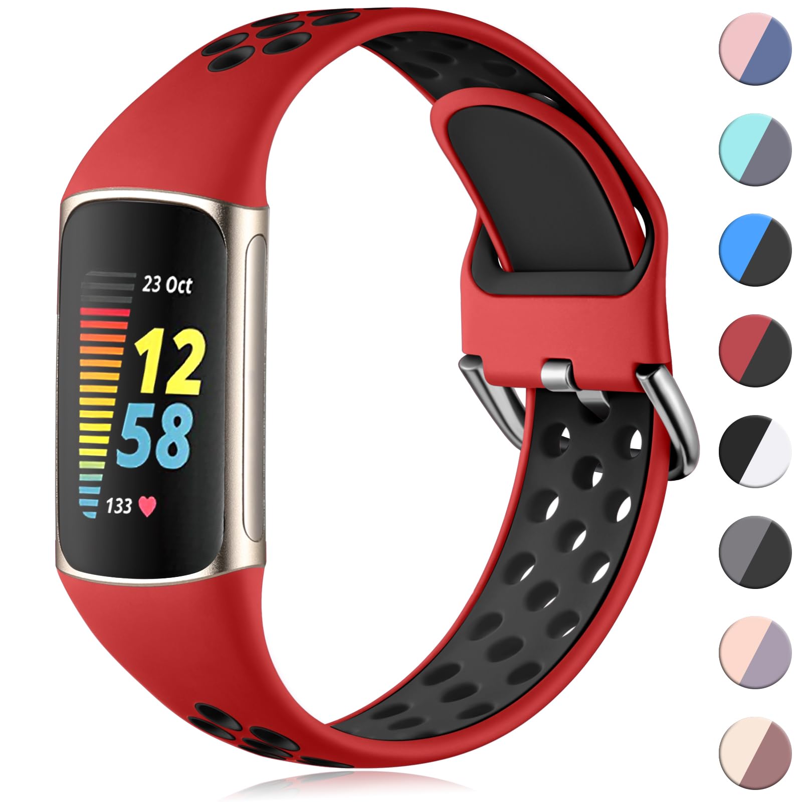 CeMiKa Sport Silicone Strap Compatible with Fitbit Charge 5 Strap, Soft Adjustable Breathable Bands for Waterproof Replacement Wristband Straps, Small Large, RedBlack, L 7.1''-8.7''