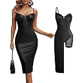 Popilush Corset Shapewear Dress Faux Leather Club Midi Dress V Neck Night Out Bodycon Dresses for Women