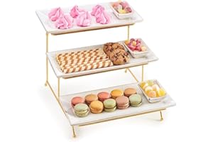 TK TARTLE KITCHEN 3 Tier Serving Tray Stand - Sturdy, Collapsible Gold Tiered Stand, Three Ceramic Serving Platters and Matching Dip Bowls for Stunning Displays