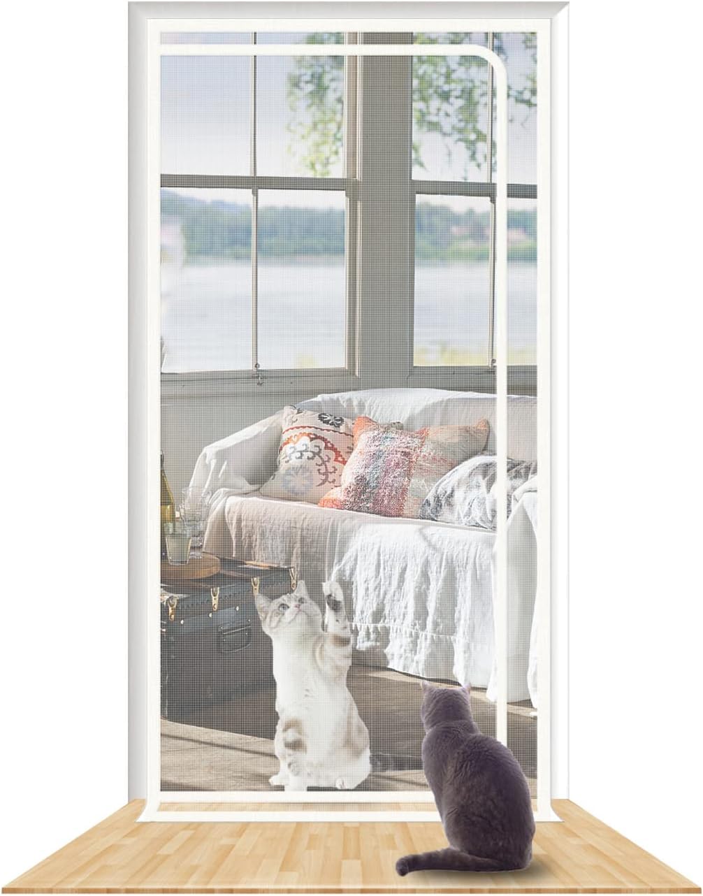 SHRRL Reinforced Cat Screen Door Fits Door Size 120cm x 220cm, Heavy Duty Pets Proof Screen Door with Zipper, Prevent Dogs Cats Running out from Home, White