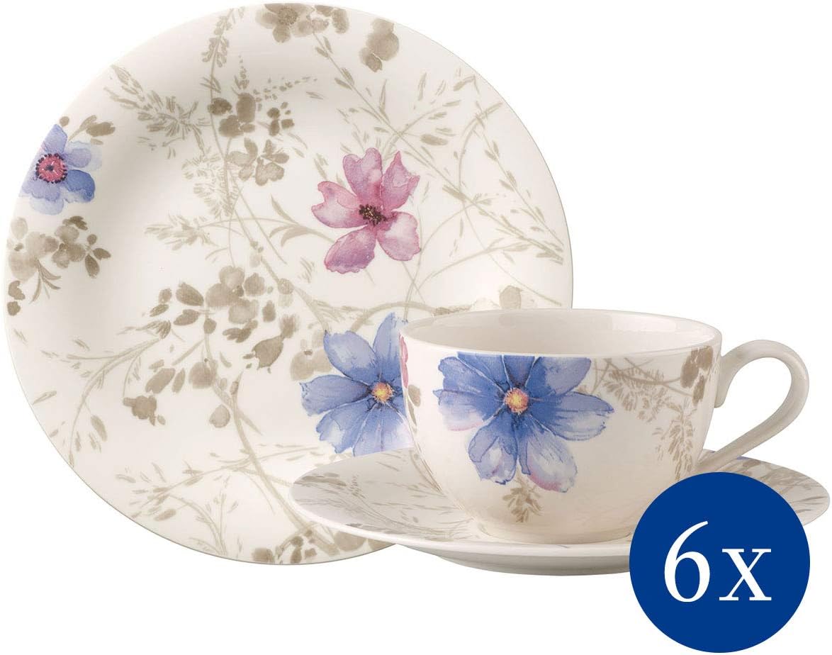 Villeroy & Boch Mariefleur Gris Basic Coffee Set for up to 6 people, 18 pieces, Premium Porcelain, White/Blue/Grey