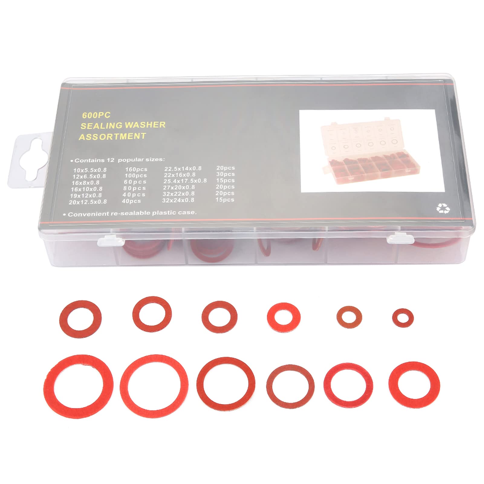 FTVOGUE 600pcs Red Steel, Washers Flat Washers Paper Fiber Flat Washers Kit 12 Sizes Insulation Washer Assorted Set