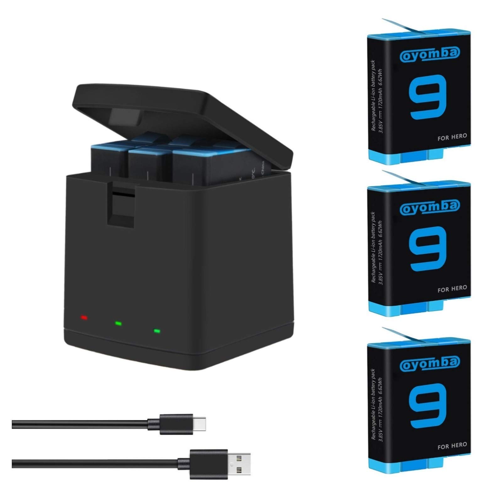 OYOMBA Hero 9/10/11 battery 3-Pack and 3-Channel Charger Compatible with GoPro Hero 9 Black, GoPro Hero 10 Black, GoPro Hero 11 Black (Fully Compatible with GoPro9 GoPro10 GoPro11 Battery)
