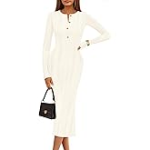 MEROKEETY Women's Bodycon Sweater Dress 2025 Fall Winter Long Sleeve Button Crew Neck Ribbed Knit Midi Work Dresses