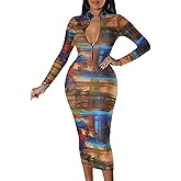 JerXox Women's Sexy Bodycon Midi Dress Long Sleeve Zipper Stretchy Printed Party Dresses