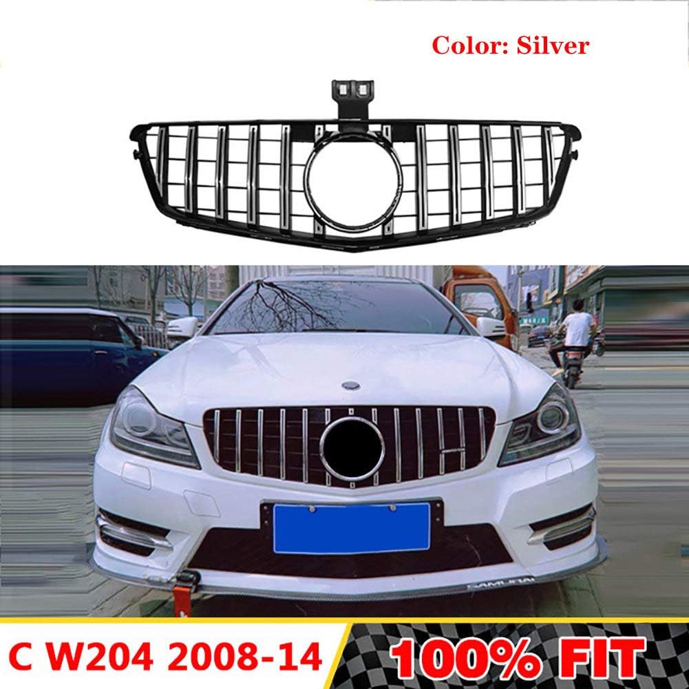 LSYBB ABS Front Grill Suitable for Mercedes Class C W204 C63 amg GT GTR Grille C180 C200 C250 C300 2008-2014 Without Emblem,Silver