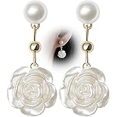 White Pearls Flowers Dangle Earrings for Women Fashion Gold Floral Dangling Earrings Cute Camellia Rose Wedding Prom Statement Jewelry Gifts