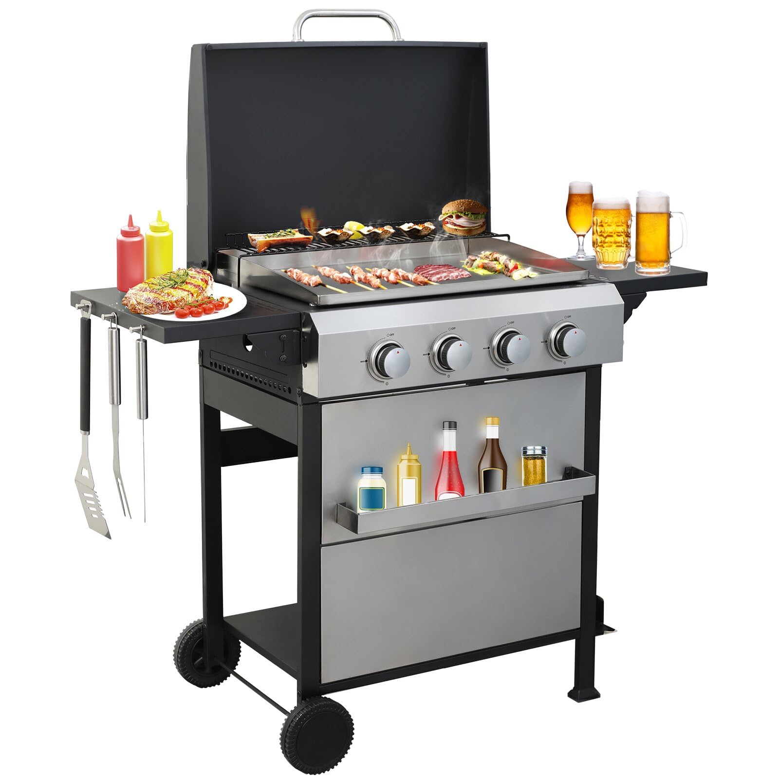 Photo 1 of ***PARTS ONLY***
Zevemomo 4 Burner Propane Grill with Built-in Thermometer, Durable Lid, Wheels, Foldable Side Tables, Stainless Steel Grilling Pan, 49,200 BTU Gas Grill for Patio, Garden Barbecues