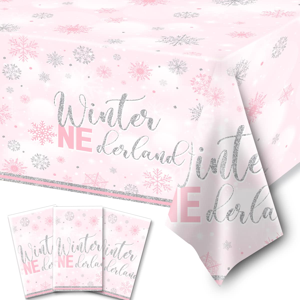 Photo 1 of HAKOTI 3Pack Christmas Snowflake Winter Birthday Tablecloth,Winter Onederland Party Decoration Pink Snowflake Table Cover for Winter Onederland 1st Birthday Girls,Baby Shower Party (Pink)