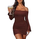 Women's Off Shoulder Bodycon Mini Dress Elegant Long Sleeve Ruched & Ribbed Tight Fit Clubwear for Cocktail Party,Date Night
