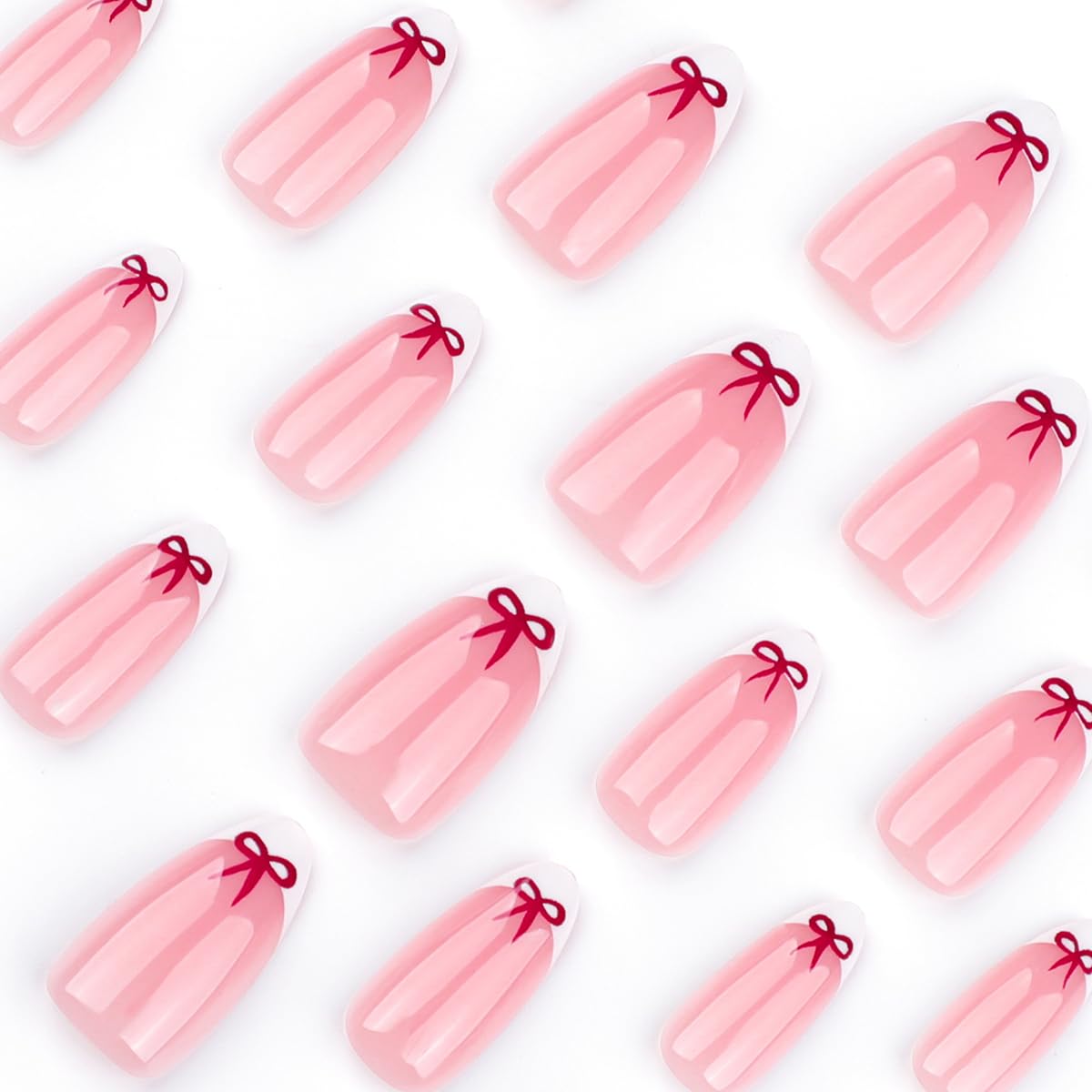 24Pcs Bow Press on Nails Short Almond French Tip Fake Nails Cute Bows Nails Design Holiday Glue on Nails White Nail Tips False Nails with Glue Handmade Nails for Women Valentines Manicure Decoration - Image 2