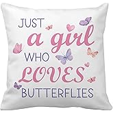 Wsuaria Butterfly Gifts for Women - Butterfly Decor Just A Girl Who Loves Butterflies Throw Pillow Cover 18x 18 Inch White Butterflies Lover Gifts for Women Sister Friends Bestie