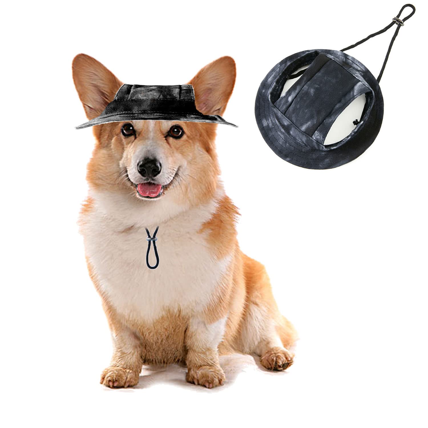 Pet Bucket Hats, Dog Round Cap With Ear Hole,Adjustable Outdoor Travel Sun Protection Sport Hat For Cat Small Medium Dogs_L(Black)