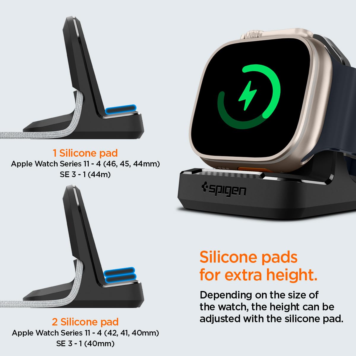 Spigen Rugged Armor Stand Designed for Apple Watch Charger Stand Compatible with Ultra 3/2/1 49mm, Series 11/10 46/42mm, 9/8/7 45/41mm, SE3/SE2/SE/6/5/4 44/40mm with Non-Slip Stable Base - Black