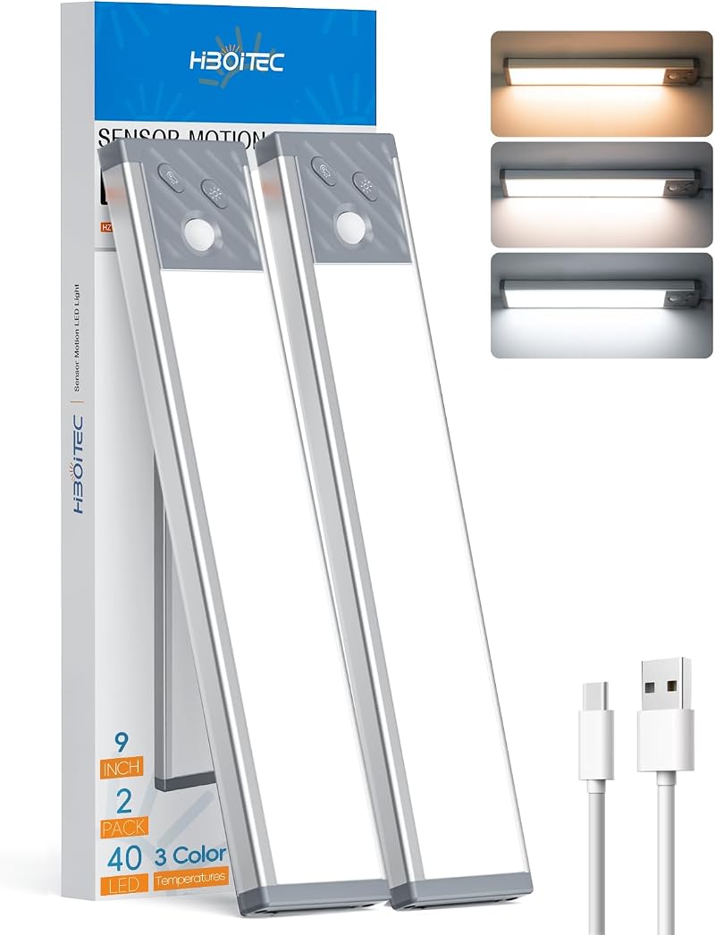 HIBOITEC 3 Color Dimmable Motion Sensor Cupboard Lights, USB-C 1500mAh