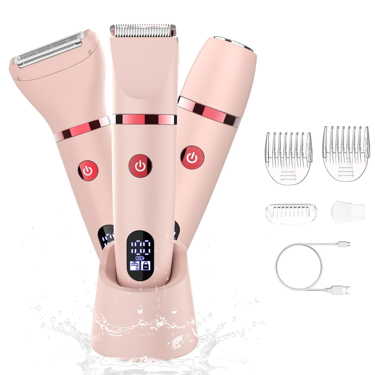 Scttomon Damenrasierer für Gesicht, Achseln, Beine, Arme & Bikinizone Rasierer Elektrorasierer Körpertrimmer Intimrasierer Bikini-Trimmer für Frauen Wasserdicht Nass/Trocken LCD-Display 3-in-1 Rosa 8