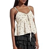 Women Floral Babydoll Tank Top Teen Girl Fairy Ruffle Cami Spaghetti Strap V Neck Boho Crop Top