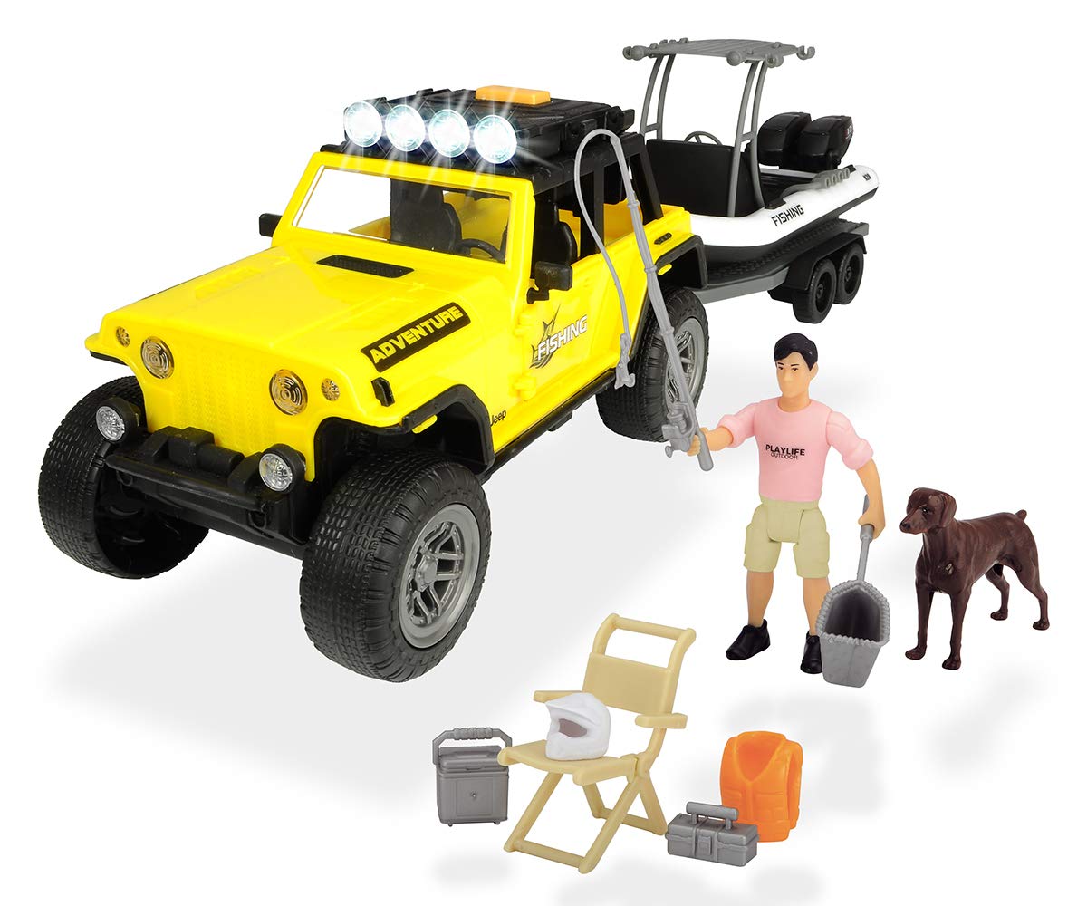 Playlife - 18 Piece Fishing Set - Freewheeling Jeepster Commando UTV with Fishing Boat Attached on Trailer - 1:24 Scale