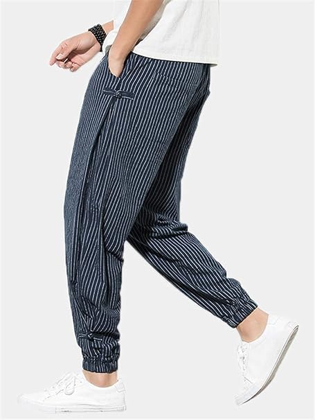 Amazon Co Jp メンズサマーパンツ メンズ巾着ハーレムカジュアル快適な平野ストライプパンツ ロングパンツ Color Navy Size L ホーム キッチン