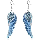 Sulimy Angel Wings Dangle Earrings for Women Unique Rhinestones Copper Fairy Feather Guardian Dangle Drop Hook Womens Dangling Earrings Silver Plated Jewelry