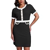 SeSe Code Women's Color Block Modest Work Dress Short Sleeve Business Dresses Button Crew Neck Elegant Bodycon(No Pockets)