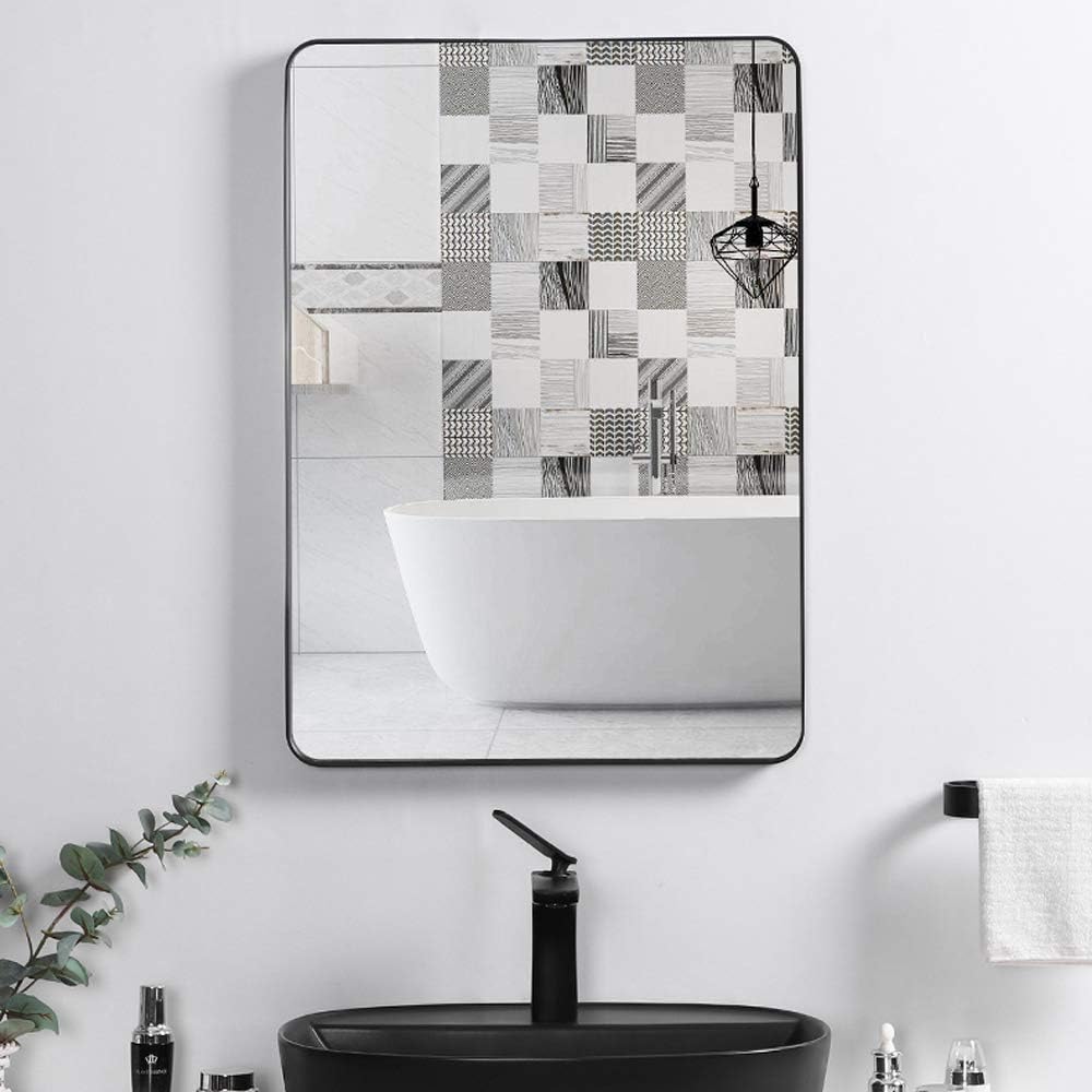 LOIGYUR Wall Mirror for Bathroom,20x30 Inch Wall Mounted Mirror with Black Metal Frame & Rounded Corner for Horizontal or Vertical: Furniture & Decor