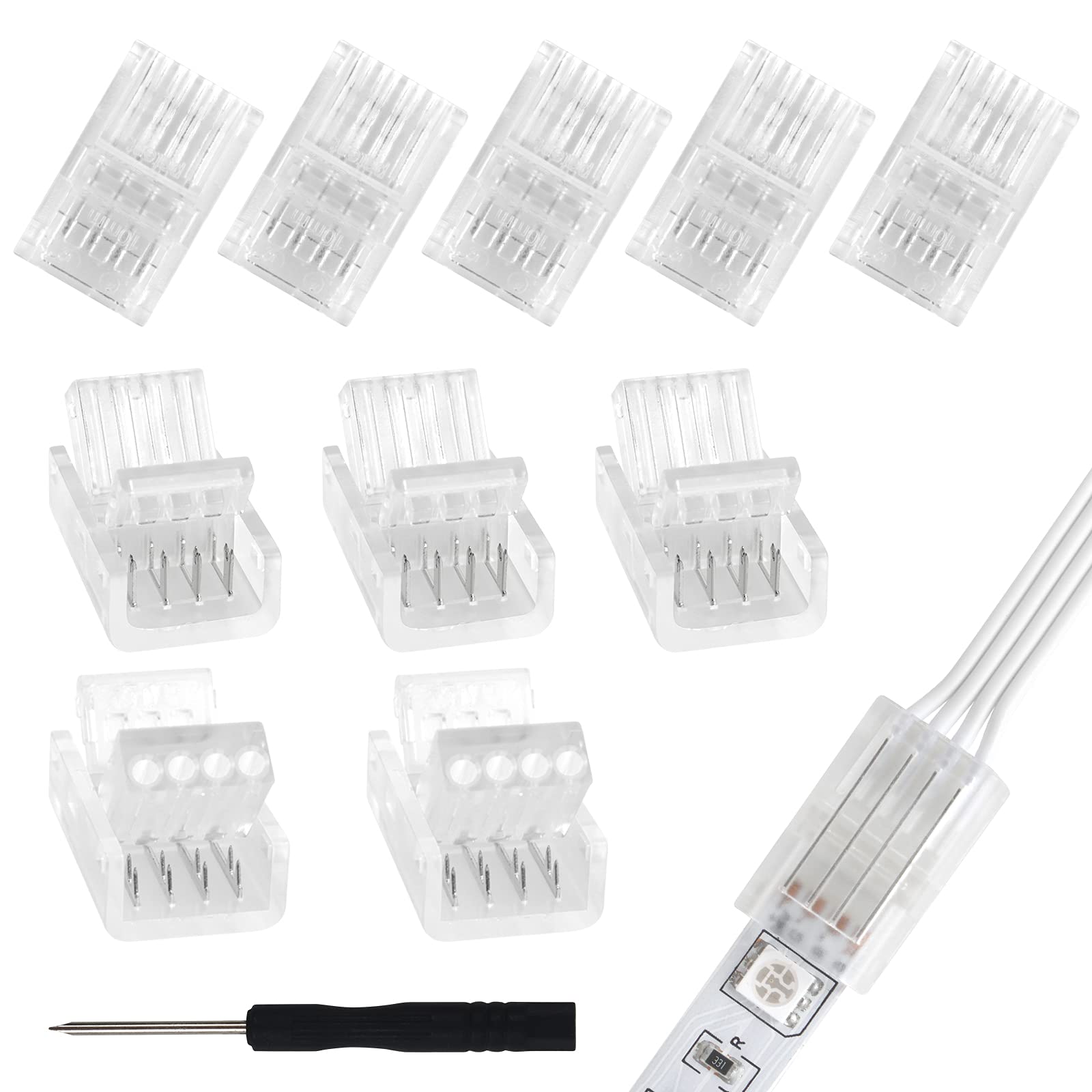 Aroidful 10pcs 4 Pin LED Strip Connectors 10mm RGB Strip to Wire Connectors Solderless Adapter Suitable for Waterproof or Bare Board 2835-5050 4pin RGB Lights 36V 5A