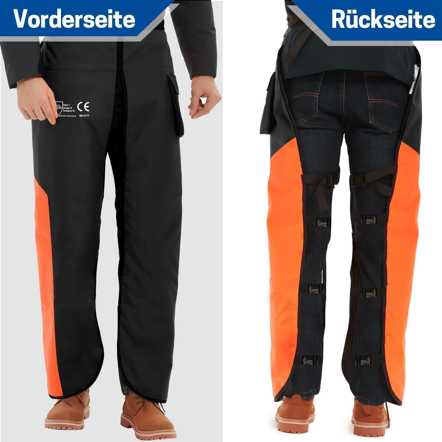 WISEPRO Universal Kettensägen-Sicherheitsleggings,Schnittschutz Chaps, Verstellbare Chainsaw Chaps Kettensägen-Schürze Schnittschutzhose für Männer/Frauen(Orange-Schwarz) 2