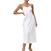 Women's Spaghetti Strap Midi Satin Silk Dresses Ruffle A Line Party Cocktail Evening Formal Dress