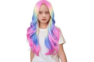 MAGQOO Rainbow Wigs Kids Girls Fun Wigs Long Curly Wavy Colorful Wig Synthetic Heat Resistant Halloween Cosplay Costume Party