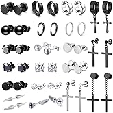 20 Pairs Stainless Steel Stud Earrings Set for Women Men Black Silvery Round Disc Ball Square Cubic Zircon Studs Dangle Earrings Fashion Small Huggie Hoops Jewelry